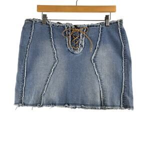 Y2K Wild Secret Denim Mini Skirt Women's 35" Waist Frayed Front Leather Tie Zip